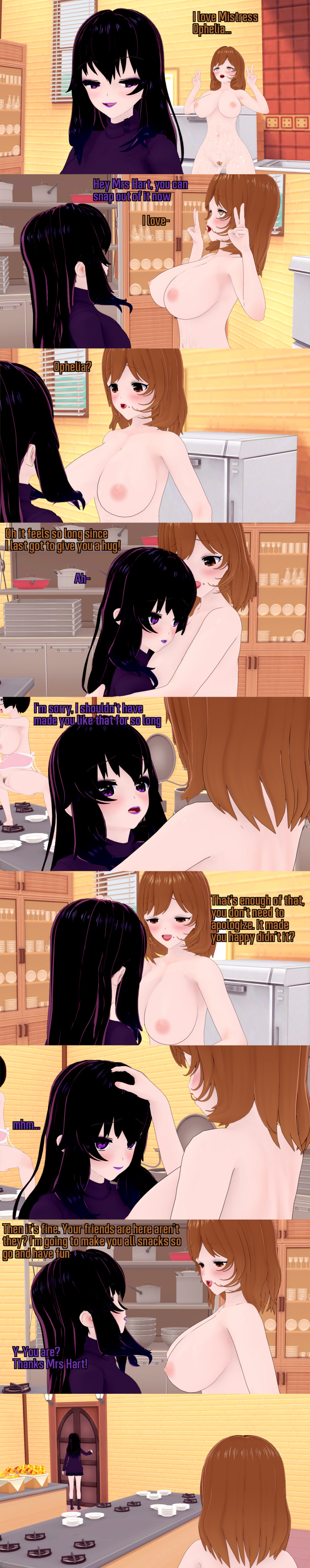 absurdres black_hair breasts brown_eyes brown_hair clothed dialogue double_v elise_(ophelia's_dollhouse) english_text female_only femdom femsub glasses grey_eyes kissing long_hair milf mole mother_and_daughter mrs._hart_(ophelia's_dollhouse) multiple_girls multiple_subs nipples nude ophelia's_dollhouse ophelia_(ophelia's_dollhouse) pubic_hair purple_eyes short_hair text v zenin1