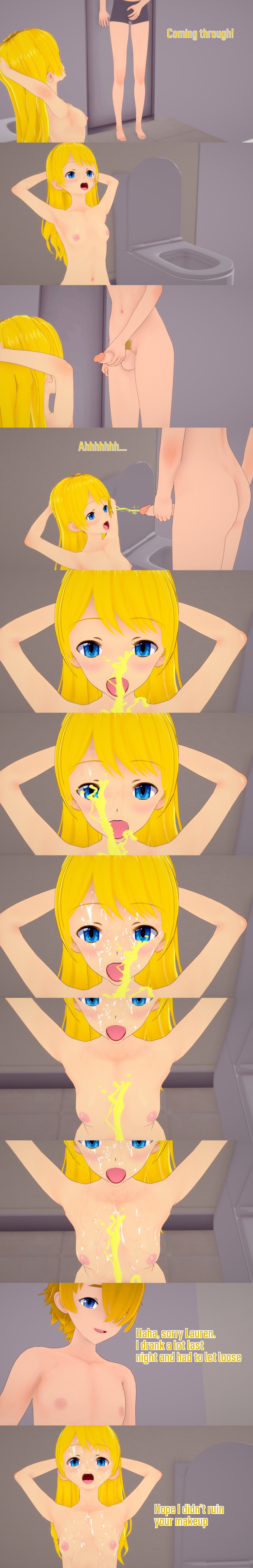 3d absurdres arms_above_head blonde_hair blue_eyes breasts brother_and_sister dialogue english_text femsub golden_shower hair_covering_one_eye human_toilet lauren_(veritas) long_hair maledom matthew_(veritas) nipples nude open_mouth pee_drinking penis short_hair squatting text tongue urination veritas zenin1