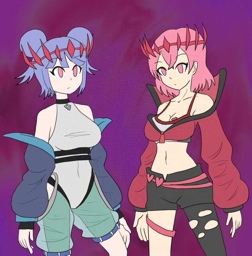 blue_hair empty_eyes evil_twin_ki-sikil evil_twin_lil-la expressionless femsub hypnotic_accessory multiple_girls multiple_subs mythkaz pink_eyes pink_hair short_hair yu-gi-oh!