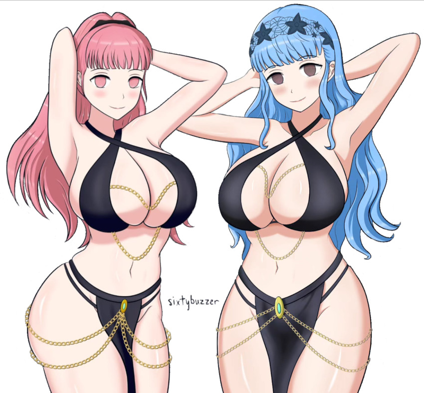 arms_above_head blue_hair breasts cleavage empty_eyes femsub fire_emblem fire_emblem_three_houses grey_eyes harem_outfit hilda_valentine_goneril looking_at_viewer marianne_von_edmund nintendo pink_eyes pink_hair simple_background sixtybuzzer