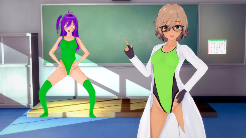 3d body_control coat femdom femsub glasses haigure haigure_ayami haigure_ayami_(artist) leotard long_hair original short_hair swimsuit unhappy_trance
