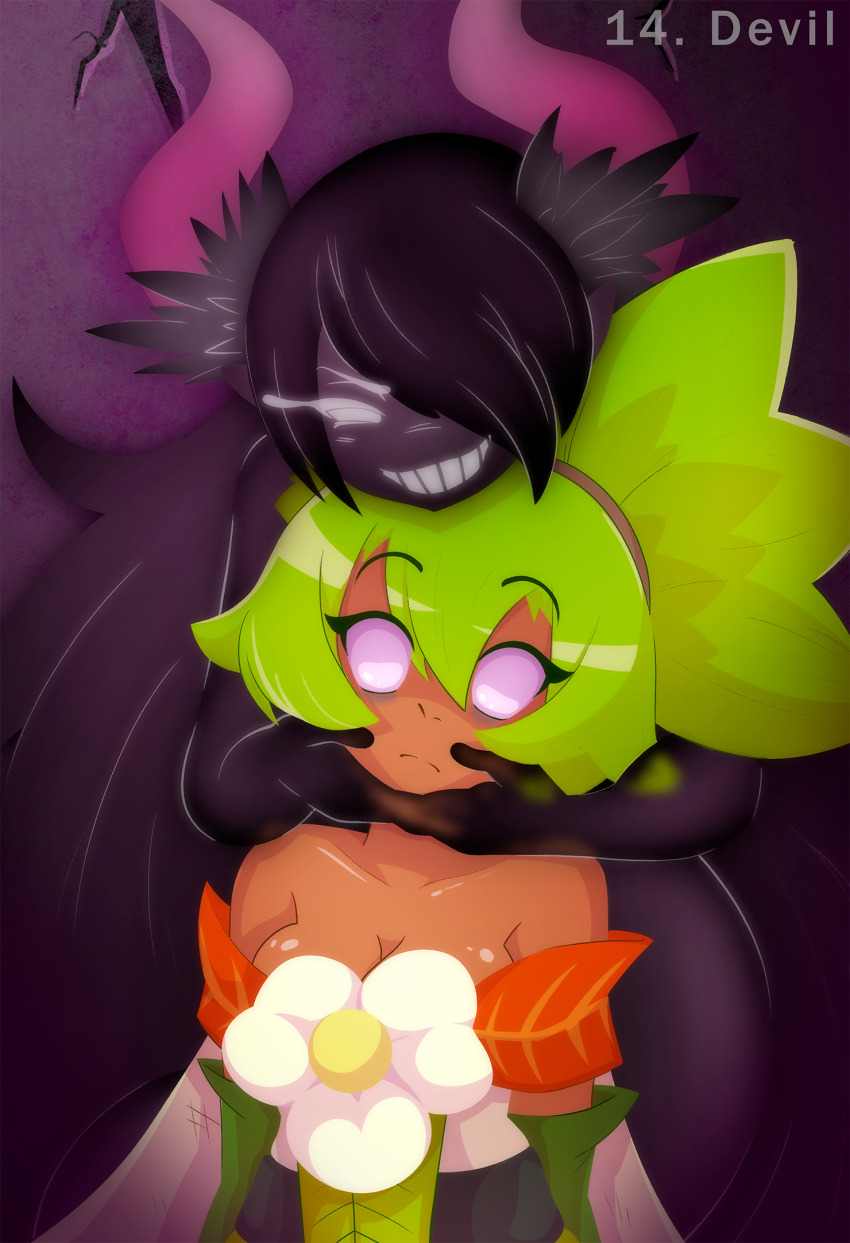 amalia_sheran_sharm dark_skin demon_girl disguised_hypnotist empty_eyes femdom femsub flower green_hair horns hypnovember long_hair shadowfang smile standing tagme text wakfu whitewash_eyes