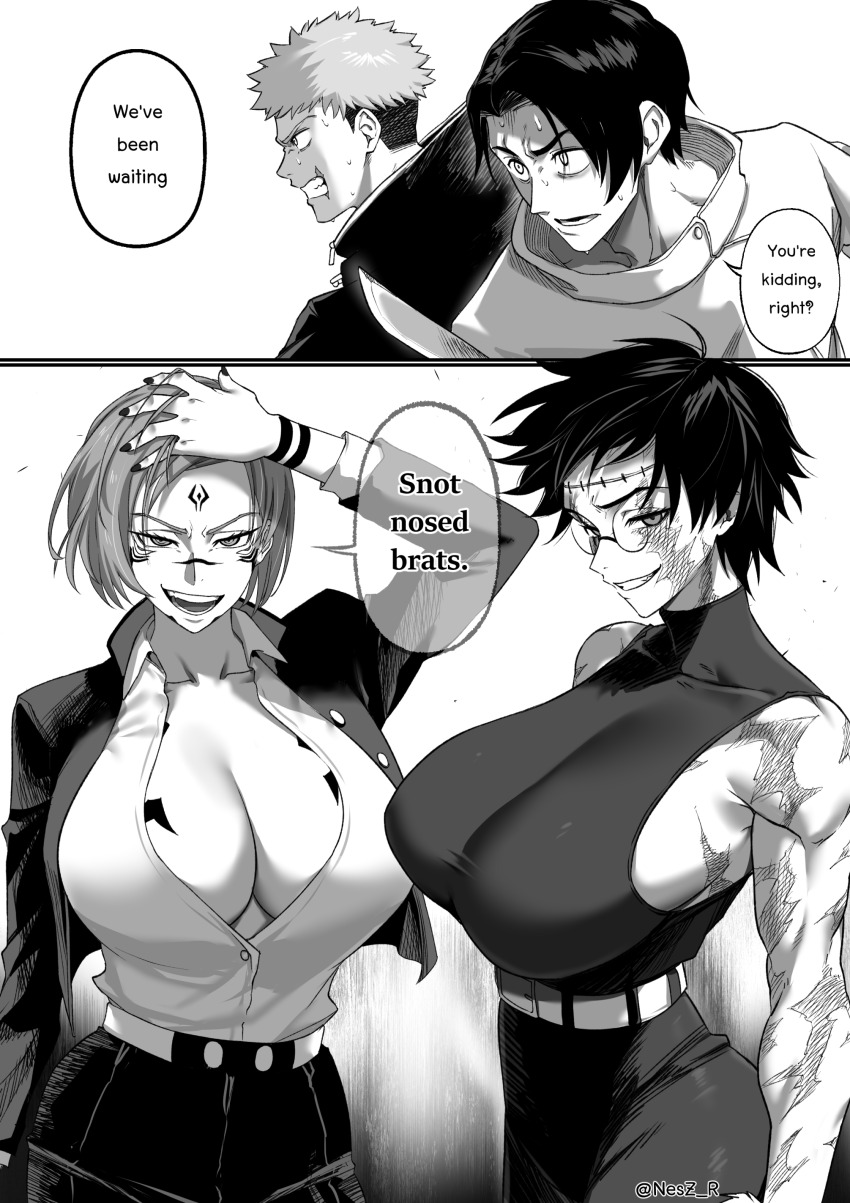 cleavage clothed dialogue english_text femsub glasses huge_breasts itadori_yuji jujutsu_kaisen kenjaku kugisaki_nobara maki_zenin maledom multiple_boys multiple_doms multiple_girls multiple_subs nesz possession ryomen_sukuna scars short_hair simple_background text white_background yuta_okkotsu