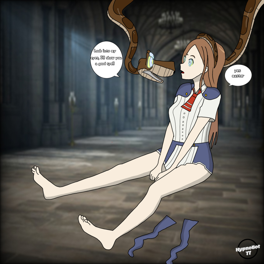 bare_legs barefoot brown_hair castlevania charlotte_aulin crossover dialogue disney english_text eyebrows_visible_through_hair feet femsub hypnotic37 hypnotic_eyes kaa kaa_eyes legs long_hair maledom night open_mouth sitting snake speech_bubble text the_jungle_book tie