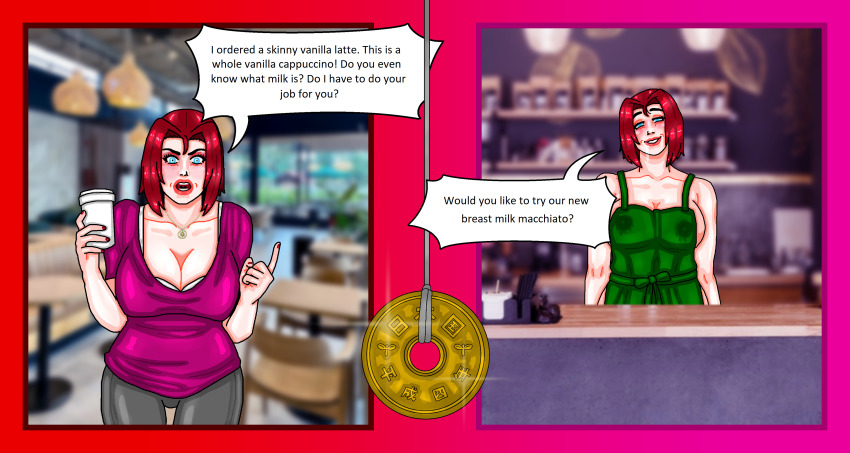 apron before_and_after coin drool empty_eyes english_text femsub forced_employee happy_trance karen_(mspainter) lactation large_breasts milf mspainter original pov_dom red_hair short_hair smile speech_bubble