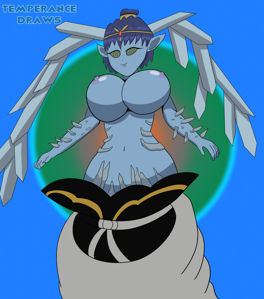 blue_hair blue_skin breasts elf_ears female_only femsub happy_trance jewelry large_breasts leraje_(magi) magi_the_labyrinth_of_magic ring_eyes short_hair smile solo temperancedraws topless