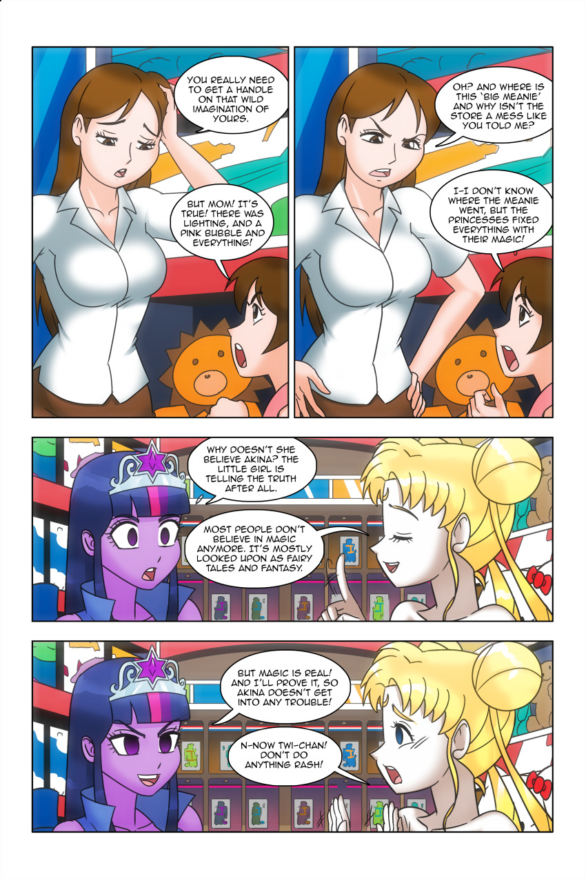 bare_shoulders blonde_hair blue_eyes brown_eyes brown_hair comic crossover crown dialogue dress empty_eyes equestria_girls facial_markings femsub hair_buns large_breasts long_hair mother_and_daughter multicolored_hair my_little_pony original princess purple_eyes purple_skin sailor_moon sailor_moon_(series) story text twilight_sparkle twintails wadevezecha
