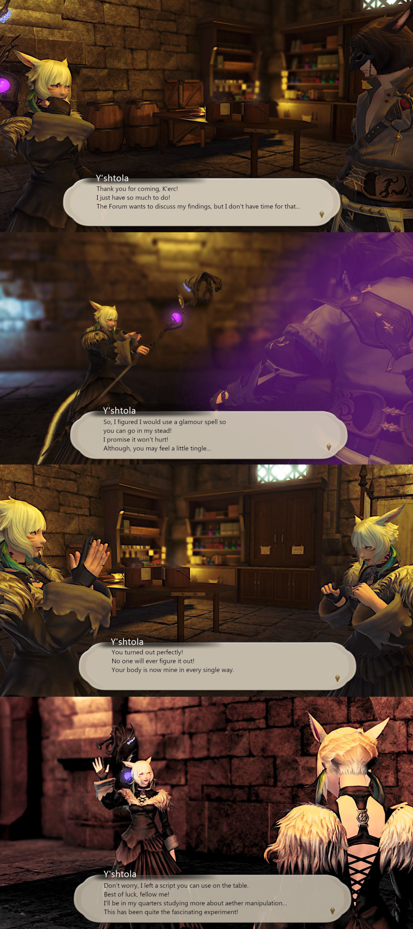 3d breasts dialogue english_text facial_markings femdom femsub final_fantasy final_fantasy_xiv glowing hypnokerc kerc_(hypnokerc) magic malesub mask miqo&#039;te short_hair smile square_enix staff standing surprised table text transformation transgender twinning white_hair y&#039;shtola