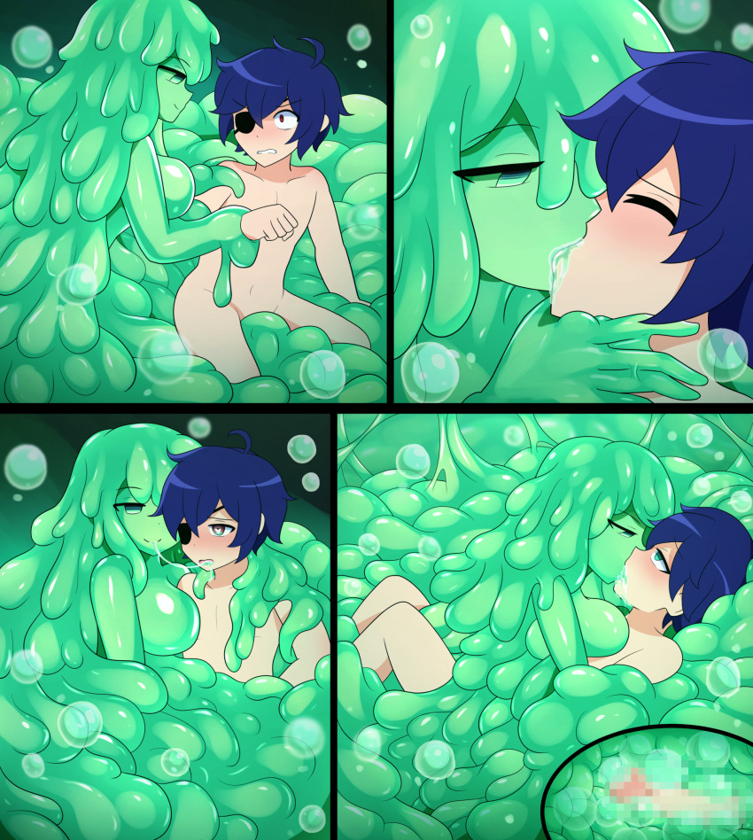 blue_hair bubble_slime_(monster_girl_encyclopedia) censored character_request comic eye_color_change eyepatch femdom green_eyes heart heart_eyes kissing lazzysin malesub monster_girl_encyclopedia nude original red_eyes short_hair slime spit_trail