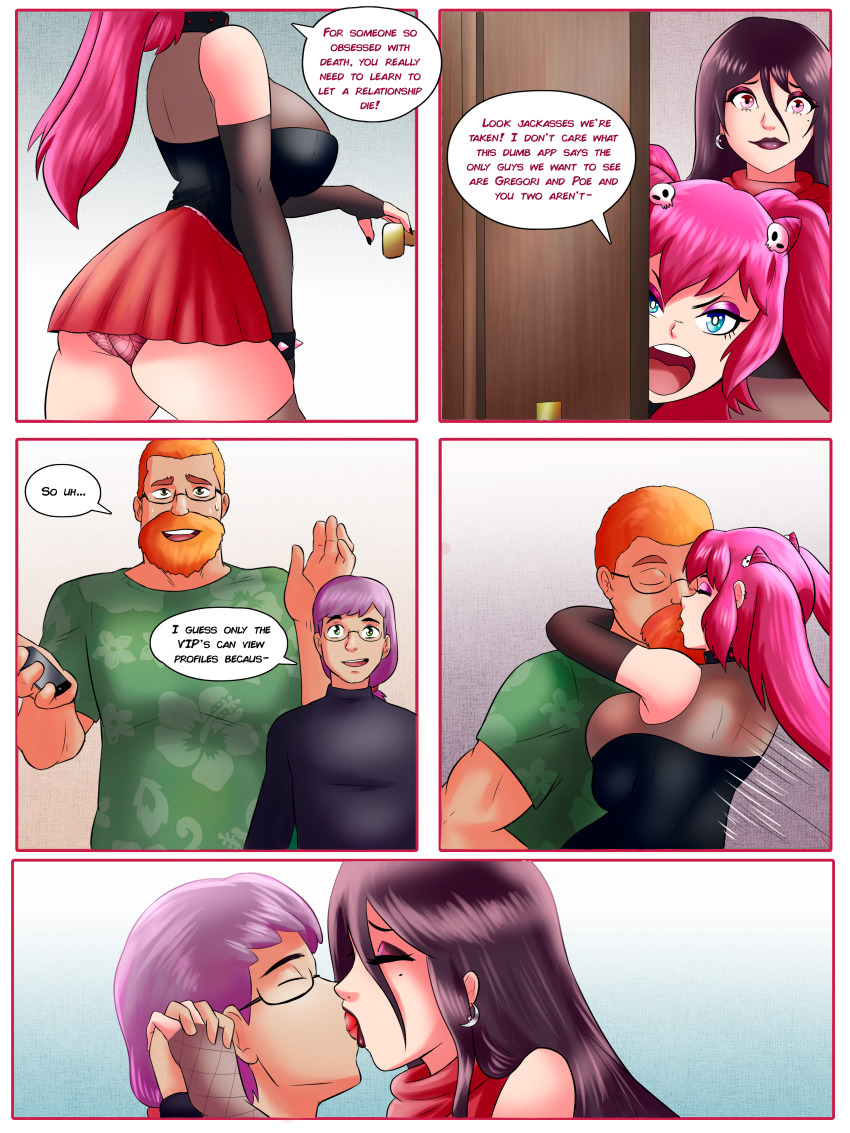 beard black_hair choker comic corset eyeshadow fingerless_gloves fishnets french_kiss glasses goth hair_ornament holding_hands hug kissing lipstick long_hair miniskirt orange_hair panties pink_hair ponytail purple_hair scarf speech_bubble text themightfenek twintails