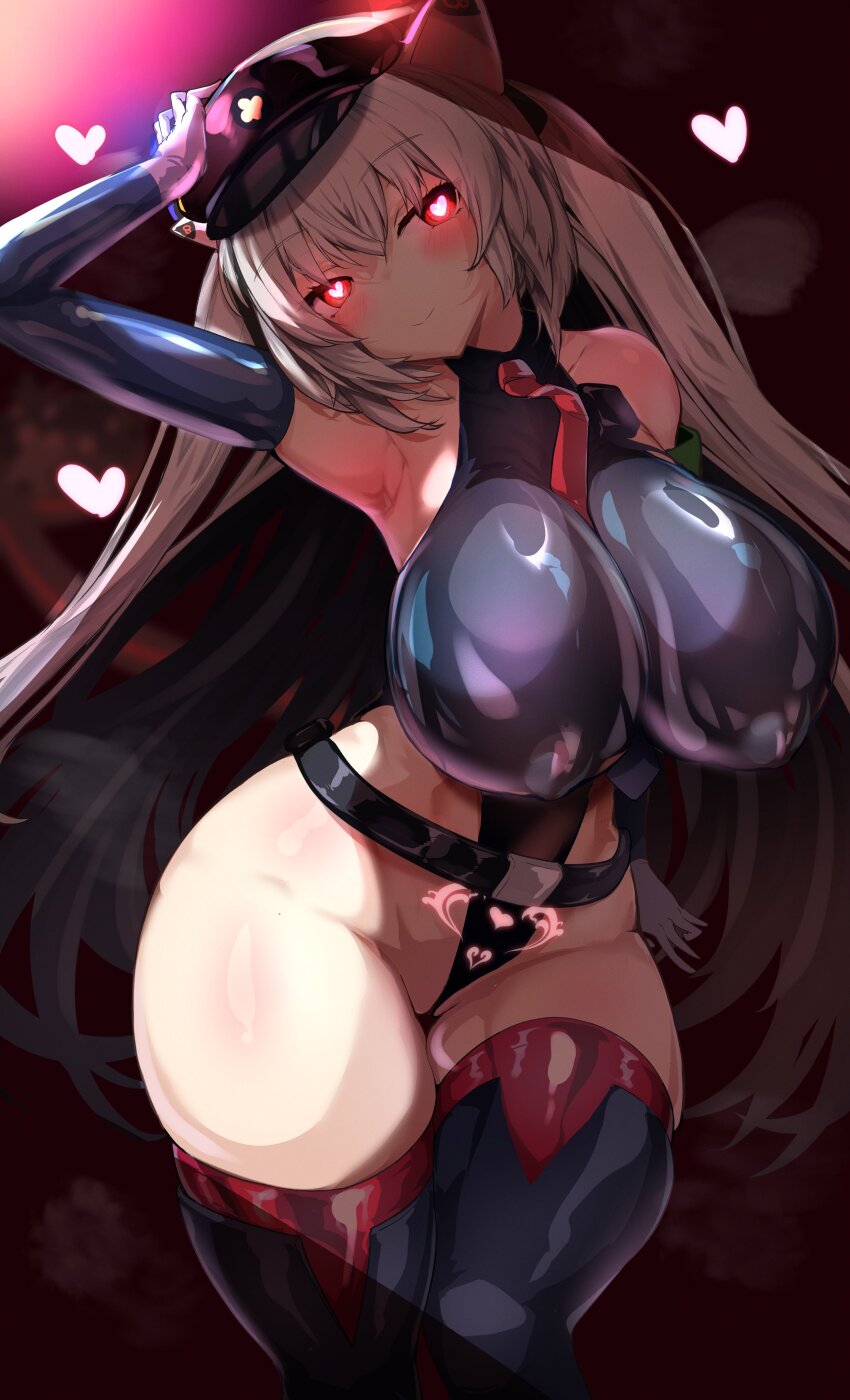 animal_ears armpits bangs bare_shoulders belt blush cat_ears cat_girl cat_tail clothed_exposure crotch_tattoo erect_nipples erect_nipples_under_clothes female_only femsub gloves glowing_eyes grey_hair hagfish21 hat heart huge_breasts leotard long_hair looking_at_viewer love nora_cat opera_gloves red_background red_eyes simple_background smile sweat tail thick_thighs thigh_boots thighhighs tie twintails very_long_hair virtual_youtuber wide_hips