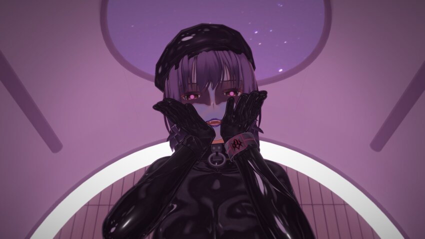 3d bangs beret blue_lipstick blue_skin bodysuit brown_eyes collar cuffs custom_maid_3d_2 face_paint fangs female_only femdom femsub gloves glowing_eyes hat hypnotized_dom latex li_q lipstick long_hair looking_at_viewer multicolored_hair original pink_eyes pov pov_sub purple_hair rubber symbol tight_clothing