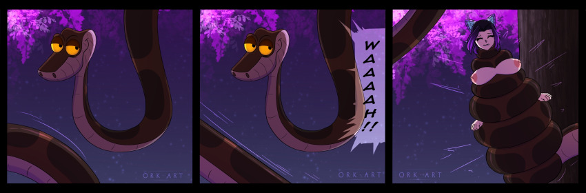 black_hair breasts butterfly comic demon_slayer disney english_text hair_ornament hypnotic_eyes kaa multicolored_hair multiple_views nipples orkart outdoors purple_hair shinobu_kocho signature sitting snake text the_jungle_book trees