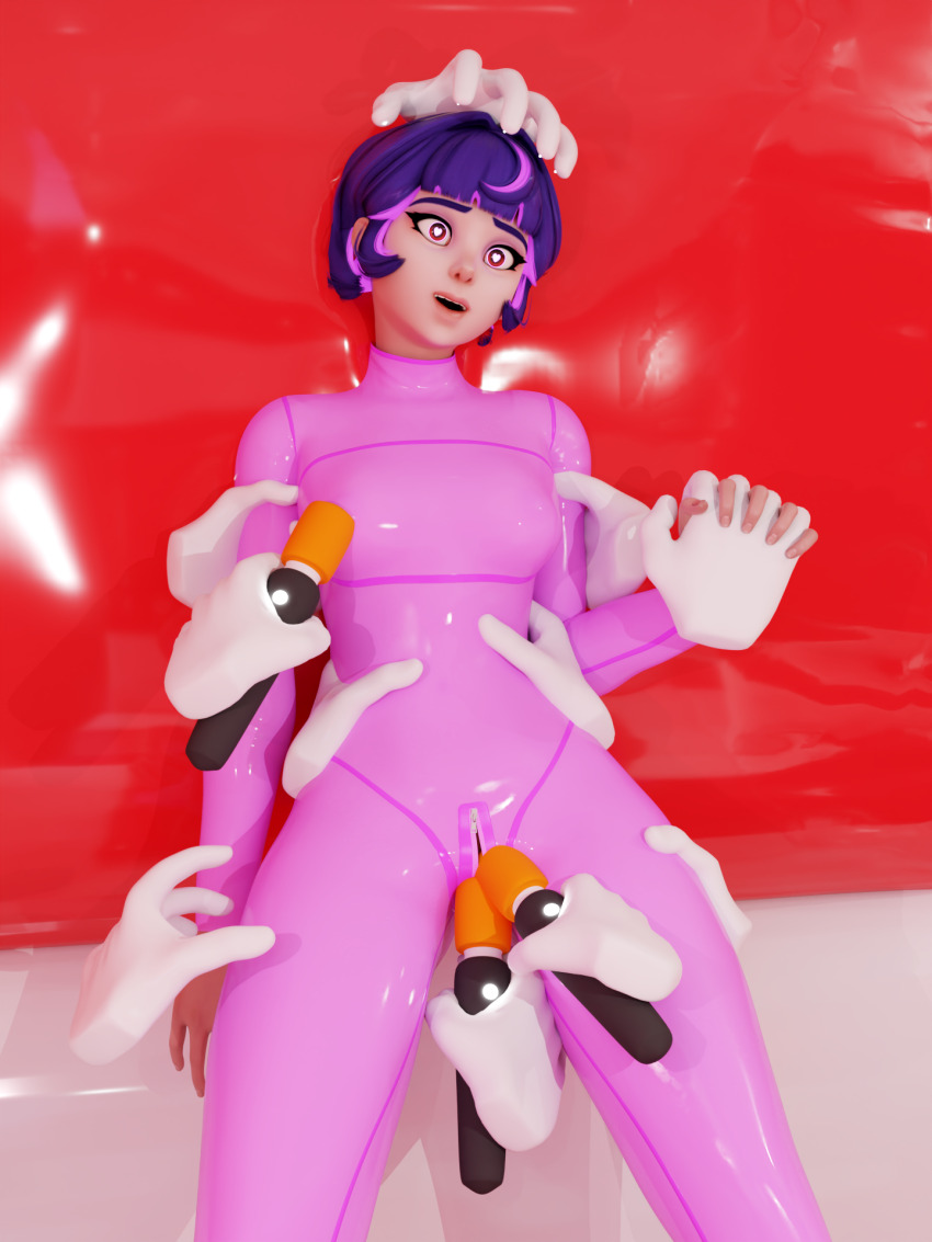 3d bodysuit breast_press breasts dazed eyeshadow female_only femsub happy_trance heart_eyes holding_hands juno_(overwatch) latex makeup multicolored_hair open_mouth overwatch phantom_hand pink_hair purple_hair red_eyes rubber seriiif+ short_hair sitting solo spread_legs symbol_in_eyes tight_clothing vaginal vibrator zipper