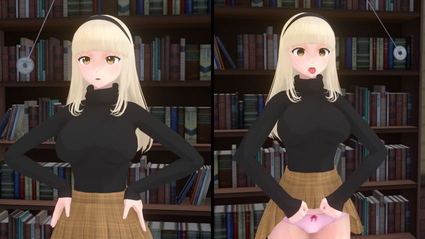 3d before_and_after blonde_hair character_request empty_eyes expressionless femsub fushigi hair_band panties pendulum skirt skirt_lift tagme tongue_out yellow_eyes