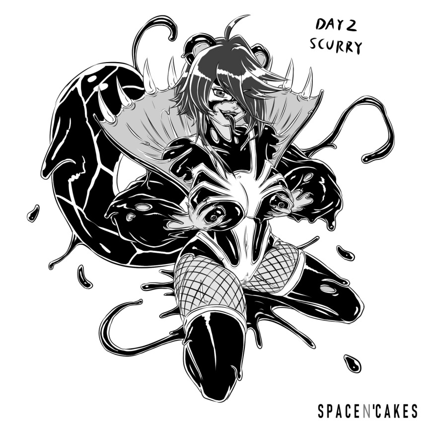 ahoge alien alternate_costume androgynous_dom black_lipstick breast_fondling breast_grab breasts censored corruption crossover english_text fangs femsub fishnets greyscale hair_covering_one_eye happy_trance holding_breasts kneeling large_breasts lipstick living_costume long_tongue looking_at_viewer marvel_comics nail_polish nipples parasite possession pussy short_hair sitting slime snuffy spacen&#039;cake spider-man_(series) tail text thighhighs thighs tongue tongue_out venom_(marvel) virtual_youtuber white_background