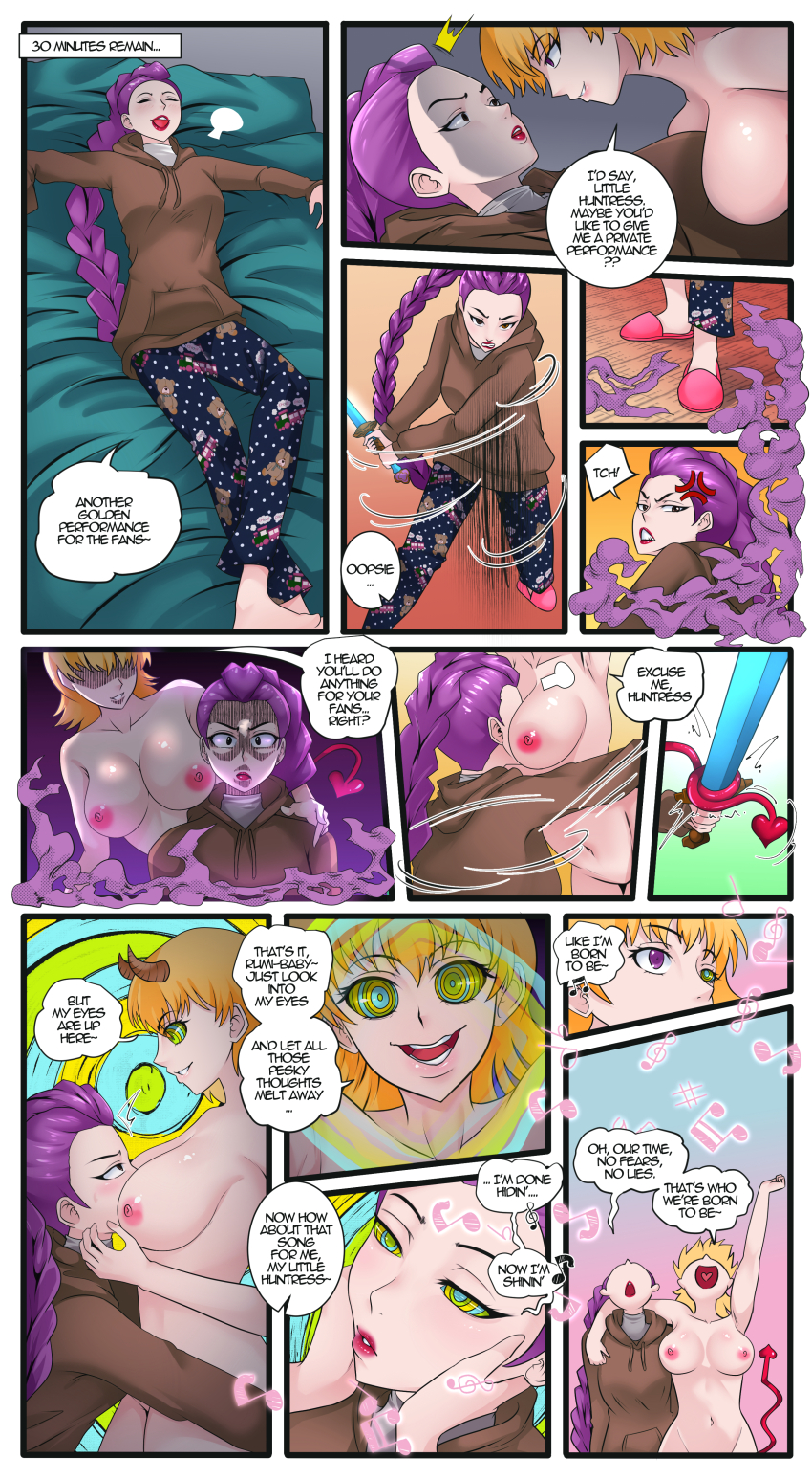 accidental_hypnosis azmidiot bottomless femdom femsub hypnotic_music kaa'lin kaa_eyes kpop_demon_hunters nude original ring_eyes rumi_(kpop_demon_huunters) succubus text topless