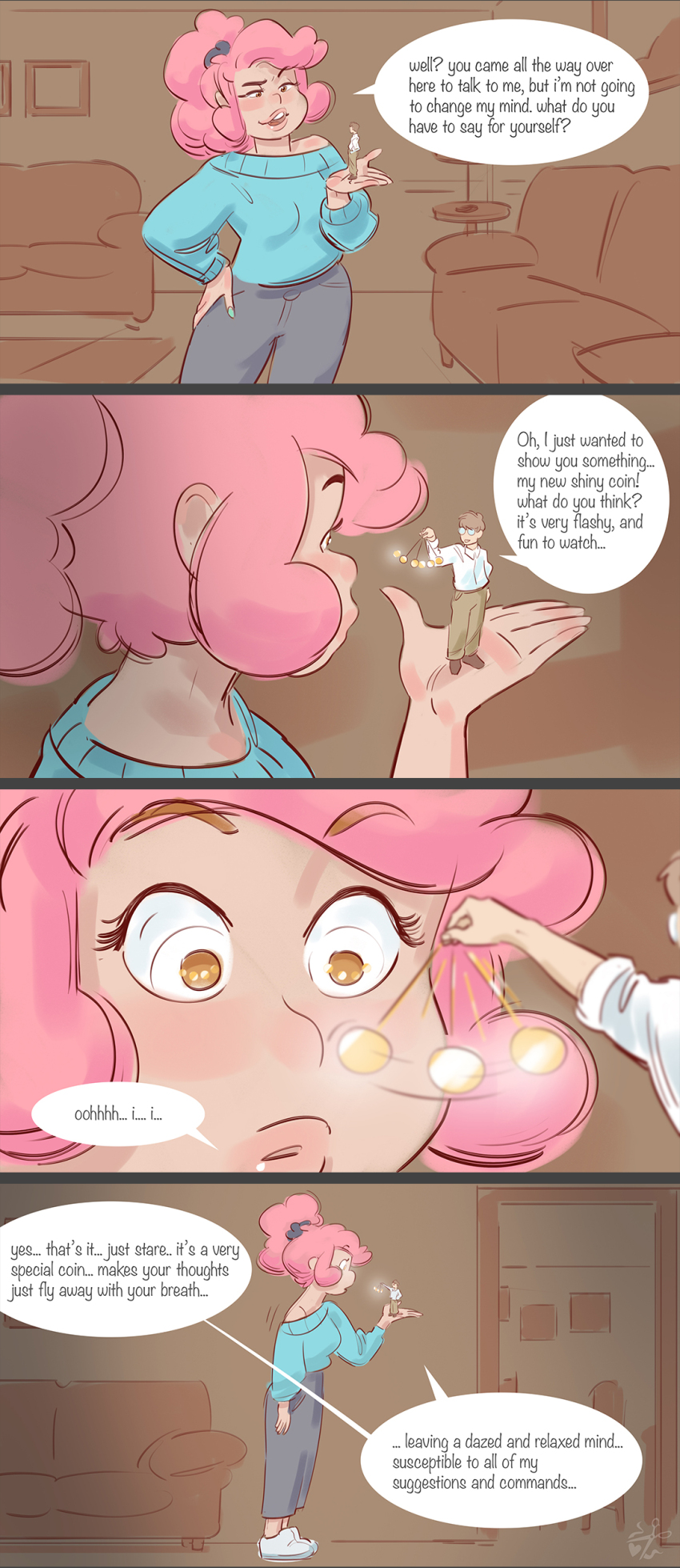 bowsciss88 femsub giantess hypnotic_accessory hypnotized_dom maledom miniboy pink_hair size_difference tagme