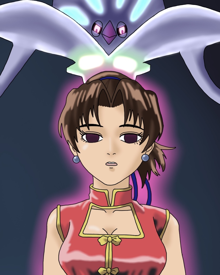 alternate_costume androgynous_dom aura bare_shoulders breasts brown_hair capcom chun-li chunlimc cleavage_cutout corruption crossover dress earrings empty_eyes evil_smile femsub glowing_eyes long_hair looking_at_viewer malamar mega_malamar nintendo open_mouth pink_eyes pokemon pokemon_(creature) pokemon_legends_z-a pokemon_x_and_y smile street_fighter street_fighter_ii_v tentacles