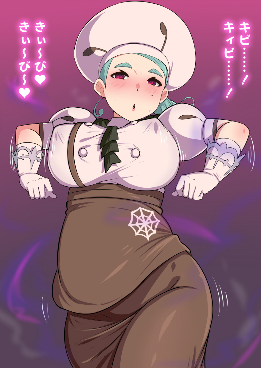 blush breasts clothed dancing dialogue erect_nipples erect_nipples_under_clothes female_only femsub gloves green_hair ikidumi katy_(pokemon) milf mochi_dance mole nintendo pokemon pokemon_scarlet_and_violet red_eyes solo sweat text translation_request