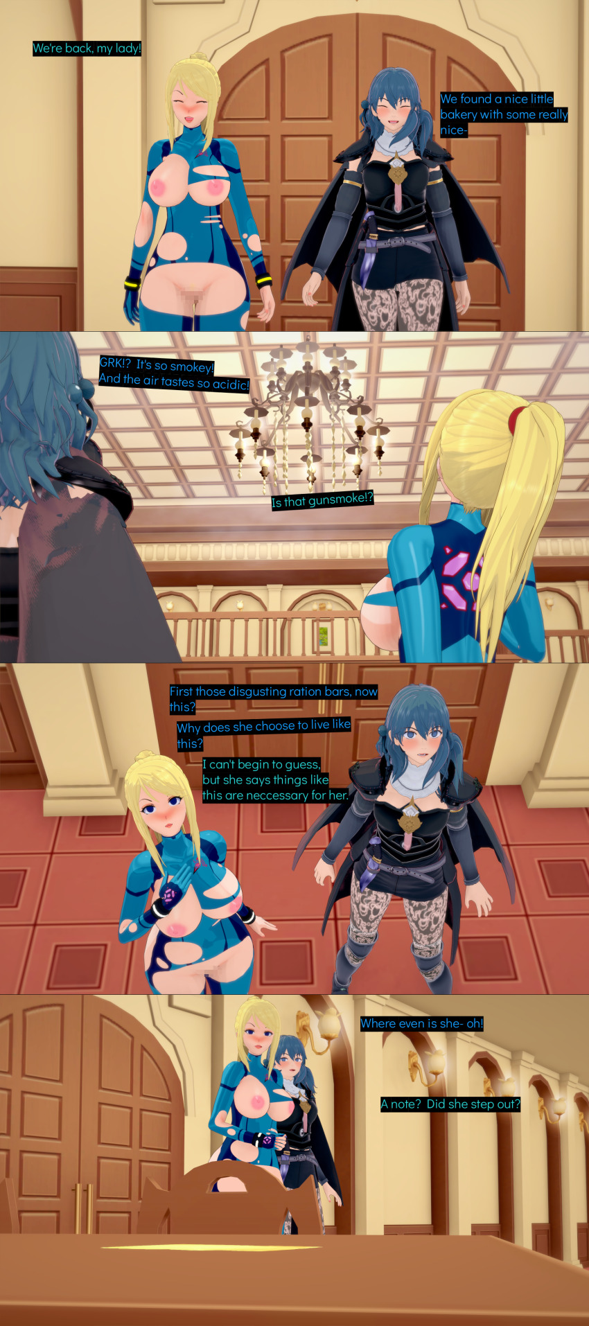 absurdres black_eyes blonde_hair blue_eyes blue_hair breasts byleth_eisner clothed cyanstargazer dialogue english_text female_only femsub fire_emblem fire_emblem_three_houses metroid_(series) multiple_girls multiple_subs nintendo nipples nude samus_aran super_smash_bros. text torn_clothes zero_suit