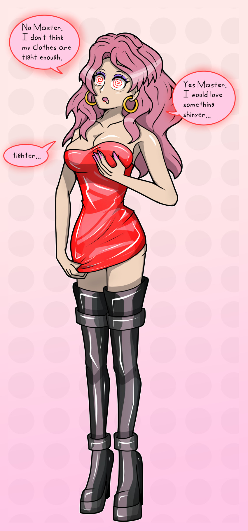 altered_common_sense black_clover boots breast_grab cleavage clothed collarbone dress earrings english_text eyeshadow hy2300 nail_polish pink_hair red_eyes speech_bubble spiral_eyes standing text vanessa_enoteca