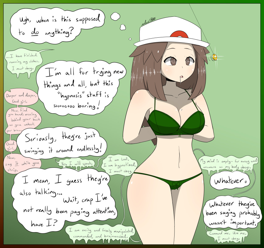 absurdres altered_perception ambiguous_pov bare_shoulders border bra breasts brown_hair cleavage coin collarbone drool expressionless eyelashes female_only femsub glowing_eyes good_sub_conditioning hat large_breasts leaf_(pokemon) long_hair mantra navel nintendo open_mouth panties pendulum pokemon pokemon_firered_and_leafgreen pov_dom signature sobergin solo speech_bubble spiral_eyes standing thick_thighs thigh_gap thighs thought_bubble unaware underwear undressing