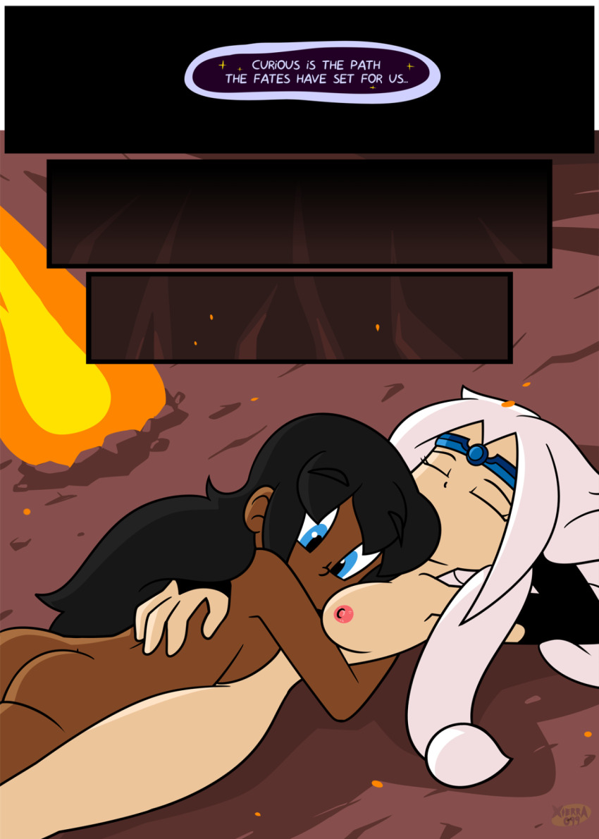 caption collar comic crown cuddling dark_skin femsub long_hair nude nun white_hair witch xierra099 yuri