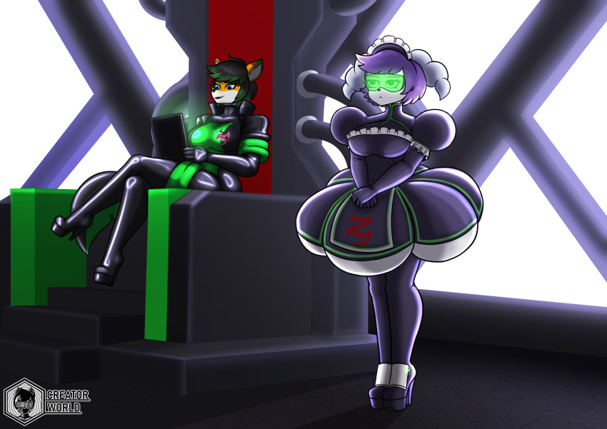 ayuko_(jcroth) black_hair black_lipstick bodysuit boots creator_world crossed_legs expressionless female_only femdom femsub fox_ears fox_girl furry gloves goat_girl high_heels horns indeedee latex lipstick maid maid_headdress nintendo original pokemon pokemon_(creature) purple_hair short_hair sitting smile standing standing_at_attention tech_control uniform visor zyla_(zylogaroh)