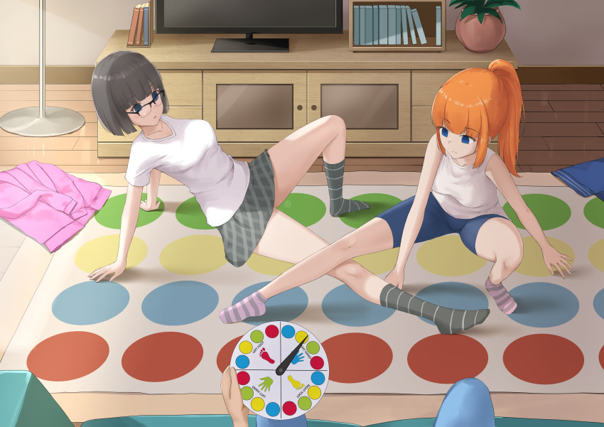 absurdres akiko_tsushima bangs brown_hair clothed empty_eyes expressionless female_only femsub glasses jmc5221 long_hair multiple_girls multiple_subs orange_hair penlight ponytail pov risa_tachibana shirt short_hair shorts skirt socks straight-cut_bangs tank_top twister_(game)