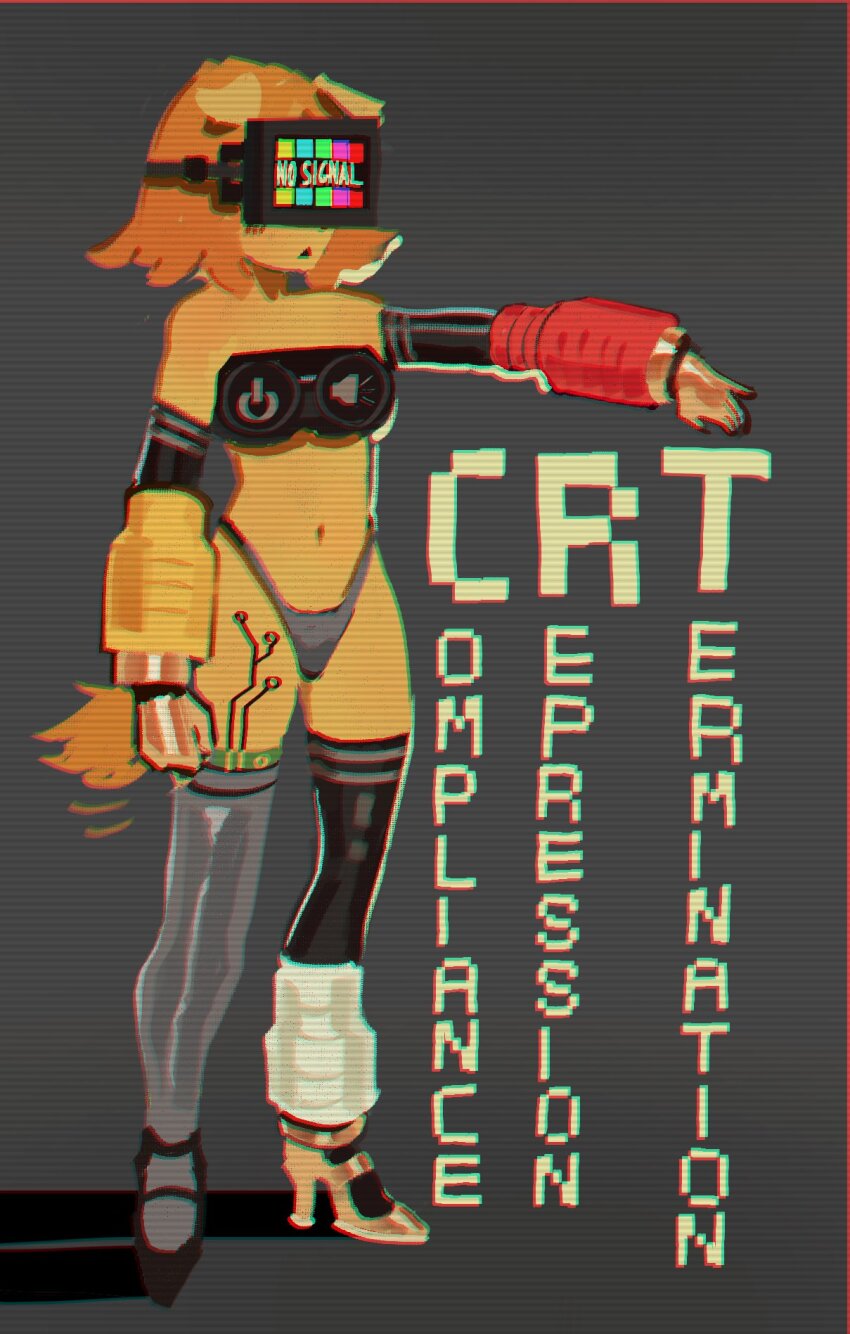 arm_warmers blonde_hair bra dog_ears dog_girl english_text expressionless female_only femsub furry gauntlets gloves high_heels navel open_mouth orange_hair panties pekorelle robotization simple_background solo tagme tech_control text thighhighs visor yellow_skin