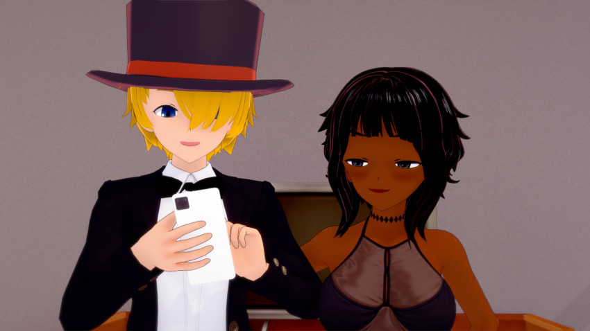 aware black_eyes black_hair blonde_hair blue_eyes cover dark_skin hair_covering_one_eye magician matthew_(veritas) phone short_hair simone_(veritas) veritas zenin1