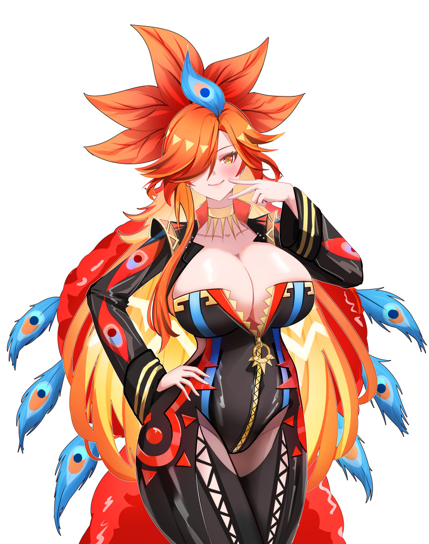 alternate_costume alternate_hairstyle blonde_hair blush breasts consensual dadang female_only femdom femsub fusion genshin_impact hair_covering_one_eye hand_on_head hand_on_hip happy_trance large_breasts long_hair mavuika_(genshin_impact) maya_goodwall_(stargizar) multicolored_hair orange_hair original possession red_hair smile