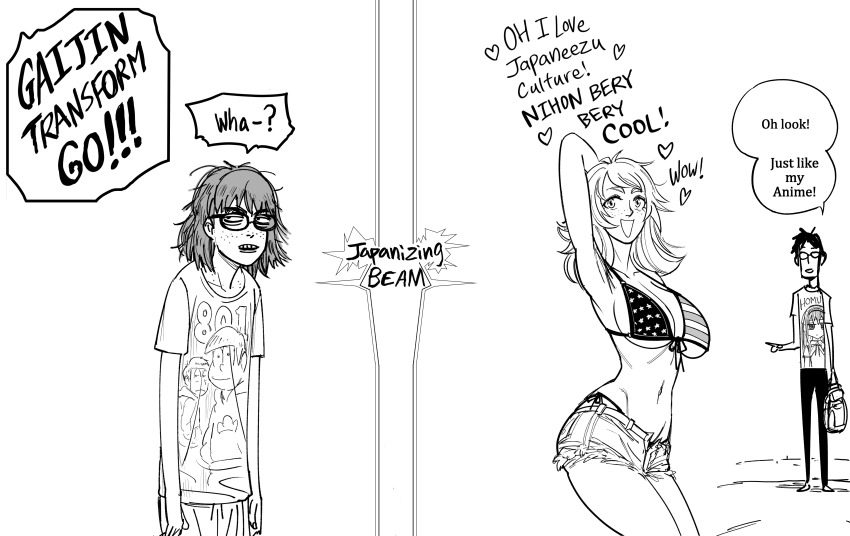 absurdres altered_common_sense armpits arms_above_head ass ass_expansion baalbuddy before_and_after bikini breast_expansion breasts bugmenotencore_(manipper) collarbone dialogue english_text engrish femsub flag_bikini freckles glasses greyscale hair_color_change hair_growth happy_trance heart homura_akemi humor hypnotic_beam large_breasts manip meme midriff monochrome mr._osomatsu navel nerd open_mouth original osomatsu_matsuno puella_magi_madoka_magica shirt short_shorts shorts simple_background smile speech_bubble text thighs transformation white_background