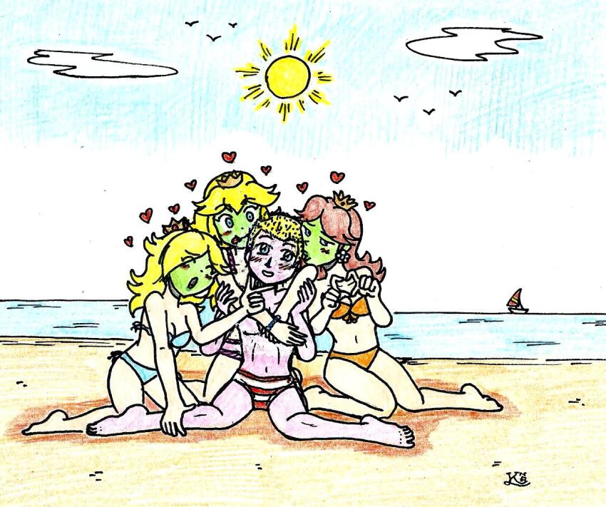 bare_shoulders barefoot beach bikini blonde_hair blue_eyes blush boxers breasts brown_hair cleavage closed_eyes collarbone crown cuddling earrings eyebrows_visible_through_hair feet femsub happy_trance harem heart heart_hands hug hypnotic_accessory kingnanamine87 kneeling legs lipstick long_hair maledom mask navel nintendo original outdoors panties princess_daisy princess_peach princess_rosalina smile super_mario_bros. super_mario_galaxy the_mask tongue tongue_out topless