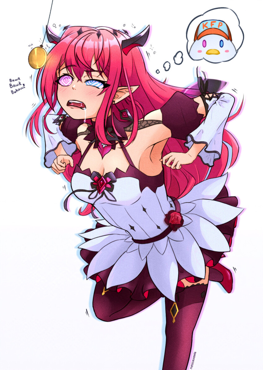 altered_perception arm_warmers armpits belt blue_eyes blush cap chicken chicken_pose choker cleavage cleavage_cutout coin cuffs dress drool earrings elf_ears eyebrows_visible_through_hair female_only femsub flower headdress heavy_eyelids heterochromia high_heels hololive hololive_english horns irys_(hololive) jewelry long_hair nettleseeds pendulum pet_play pink_eyes red_hair ribbon simple_background skirt solo spiralwash_eyes text thighhighs thought_bubble virtual_youtuber white_background