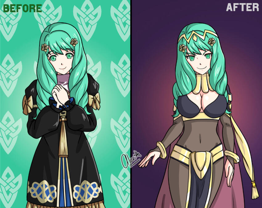 alerith alternate_costume before_and_after bodysuit breasts cape cleavage cleavage_cutout corruption english_text evil_smile female_only fire_emblem fire_emblem_awakening fire_emblem_three_houses flayn_(fire_emblem_three_houses) green_eyes green_hair happy_trance large_breasts long_hair looking_at_viewer navel nintendo smile text twintails