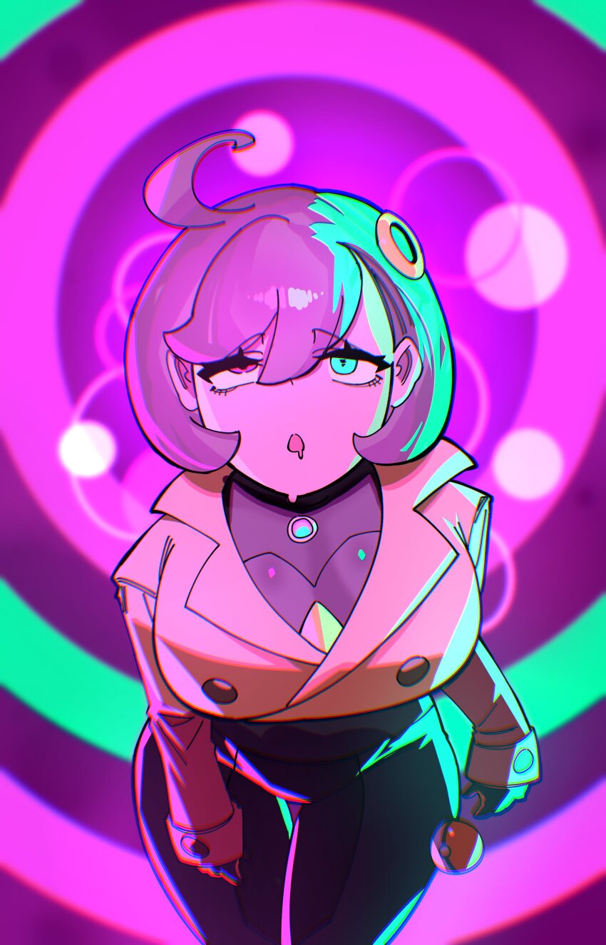 absurdres ahoge bodysuit breasts brown_hair coat dazed drool emma_(pokemon) female_only femsub green_eyes hair_ornament heterochromia hey_johnson00 huge_breasts leaning_forward multicolored_eyes nintendo open_mouth pink_eyes pokeball pokemon pokemon_legends_z-a short_hair solo