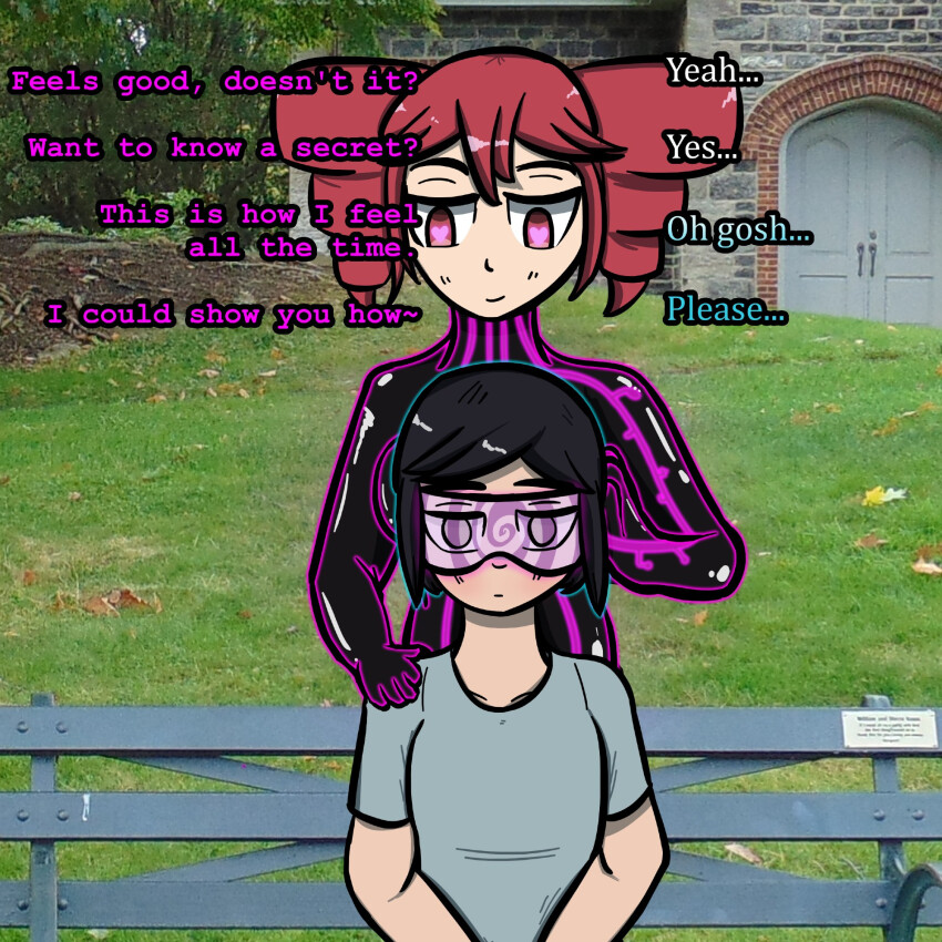 aware black_hair bodysuit chair collarbone consensual drill_hair empty_eyes female_only femdom femsub glowing hand_on_head happy_trance heart_eyes hypnotized_hypnotist iris_azure long_hair original outdoors pink_eyes purple_eyes red_hair shirt short_hair smile spiral_eyes tech_control teto_kasane text tight_clothing trance_delightful transfem transgender_identity visor vocaloid wholesome yuri