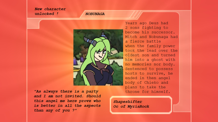 alternate_costume angel angel_girl body_swap character_profile chieko_(darkduskshine) corruption english_text evil_smile femsub green_hair happy_trance long_hair maledom myriarock nobounaga_(myriarock) original possession smile text