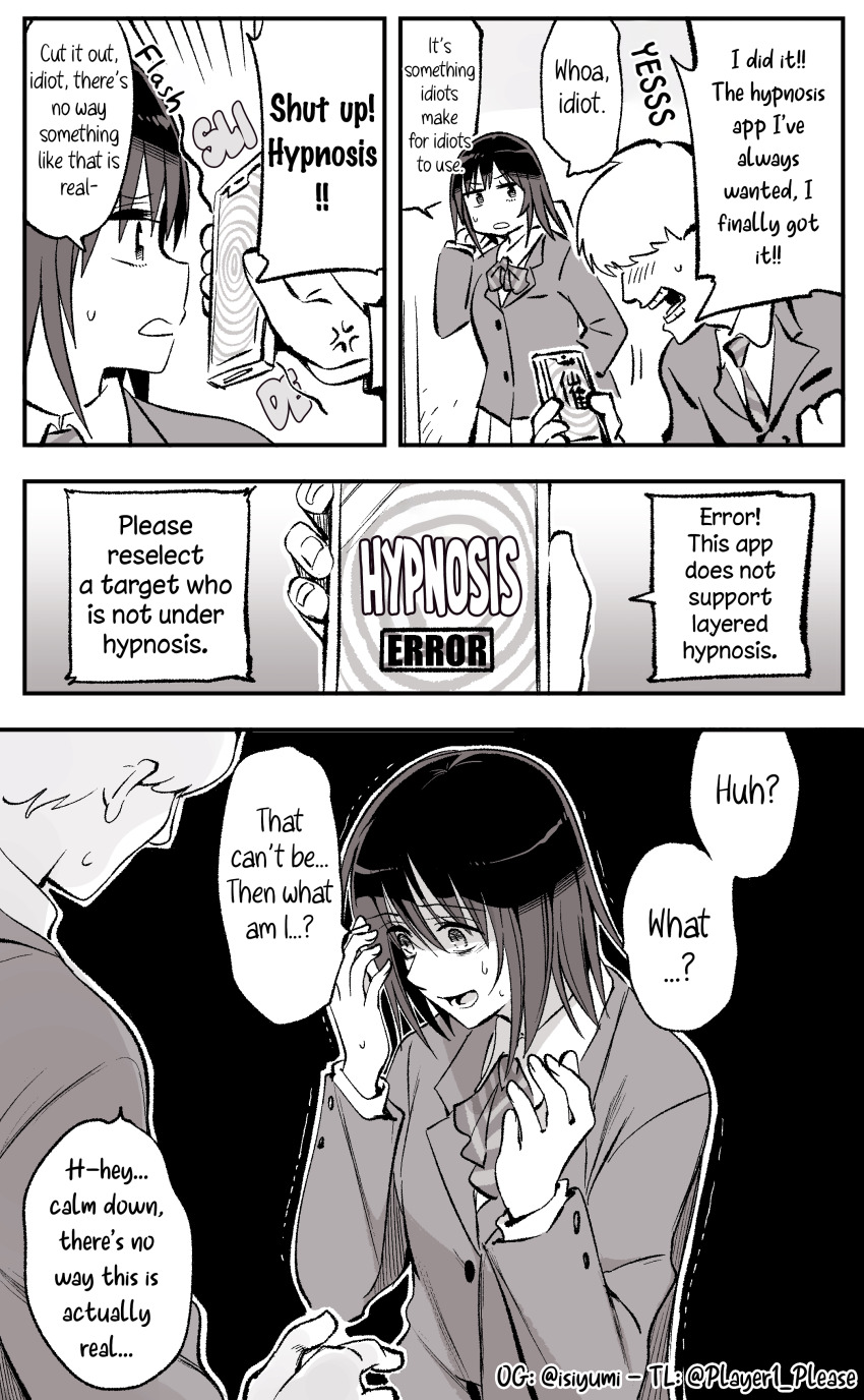 comic english_text failed_hypnosis femsub greyscale hard_translated humor hypnotic_app isiyumi monochrome original school_uniform shirt short_hair speech_bubble translated