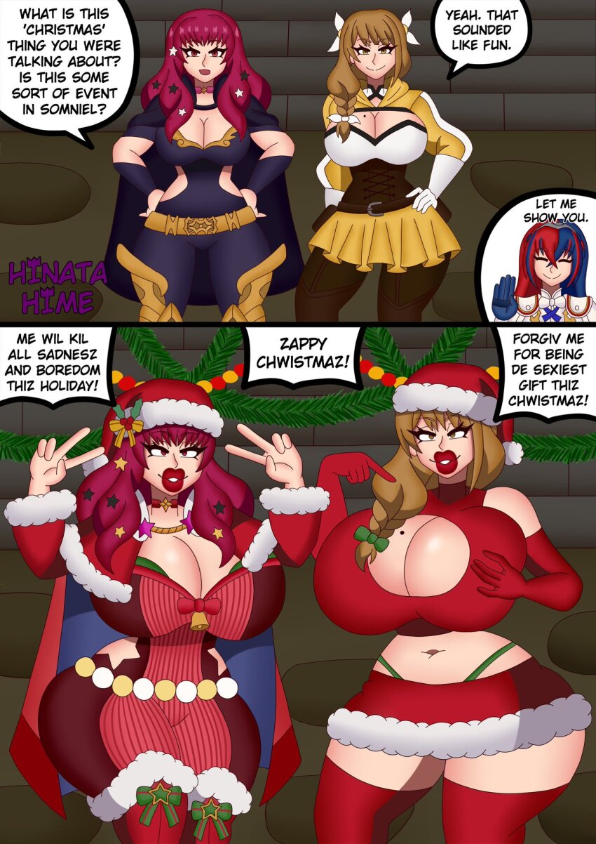 alear_(fire_emblem) ass before_and_after bimbofication brain_drain breasts cape choker christmas cleavage cleavage_cutout dialogue femsub fire_emblem fire_emblem_engage gloves goldmary_(fire_emblem) hinata-hime huge_breasts large_ass large_lips lipstick long_hair miniskirt multiple_girls multiple_subs navel nintendo red_lipstick santa_hat skirt smile speech_bubble thick_thighs thighhighs v yunaka_(fire_emblem)