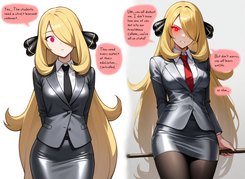 ai_art angry blonde_hair breasts corruption cx9000_(generator) cynthia english_text expressionless femsub glowing_eyes hair_covering_one_eye hair_ornament nintendo pantyhose pokemon pokemon_diamond_pearl_and_platinum red_eyes sequence simple_background skirt suit teacher text tie tight_clothing very_long_hair white_background