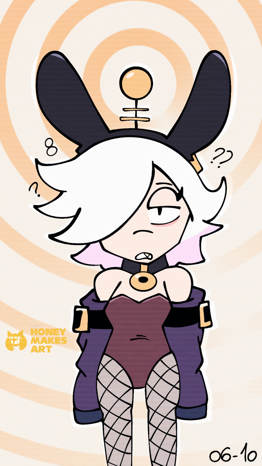 antenna arms_behind_back brawl_stars bunny_ears bunnysuit colette_(brawl_stars) collar confused femsub honeymakesart looking_at_viewer microchip signature simple_background standing tech_control unaware