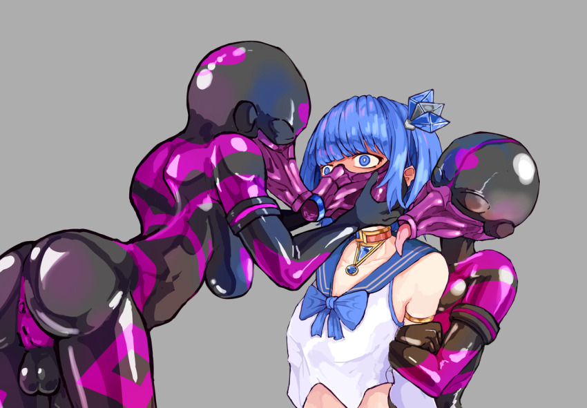 anus arm_warmers ass bare_shoulders blue_eyes blue_hair bodysuit bow bow_tie collar corruption elfa_(heibannosekai) fellatian femsub futadom futanari gloves grey_background hair_ornament heibannosekai hypnotized_assistant hypnotized_dom hypnotized_hypnotist jewelry latex long_tongue magical_girl mask multiple_girls multiple_subs opera_gloves original penis rubber short_hair shrunken_irises simple_background small_breasts tight_clothing tongue tongue_out trapped uniform