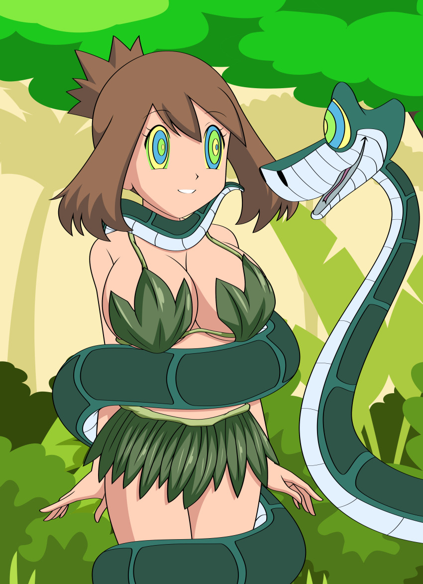 absurdres brown_hair cleavage coils disney femsub happy_trance jimryu kaa kaa_eyes large_breasts may nintendo pokemon pokemon_ruby_sapphire_and_emerald short_hair skirt smile snake the_jungle_book