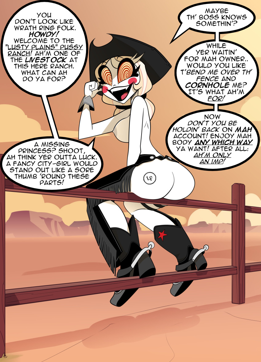 anonymind_(manipper) ass black_lipstick blonde_hair charlie_(hazbin_hotel) clothed_exposure comic cowgirl deadinside97 demon_girl dialogue female_only femsub hazbin_hotel identity_swap large_breasts long_hair manip ring_eyes tattoo text topless white_skin