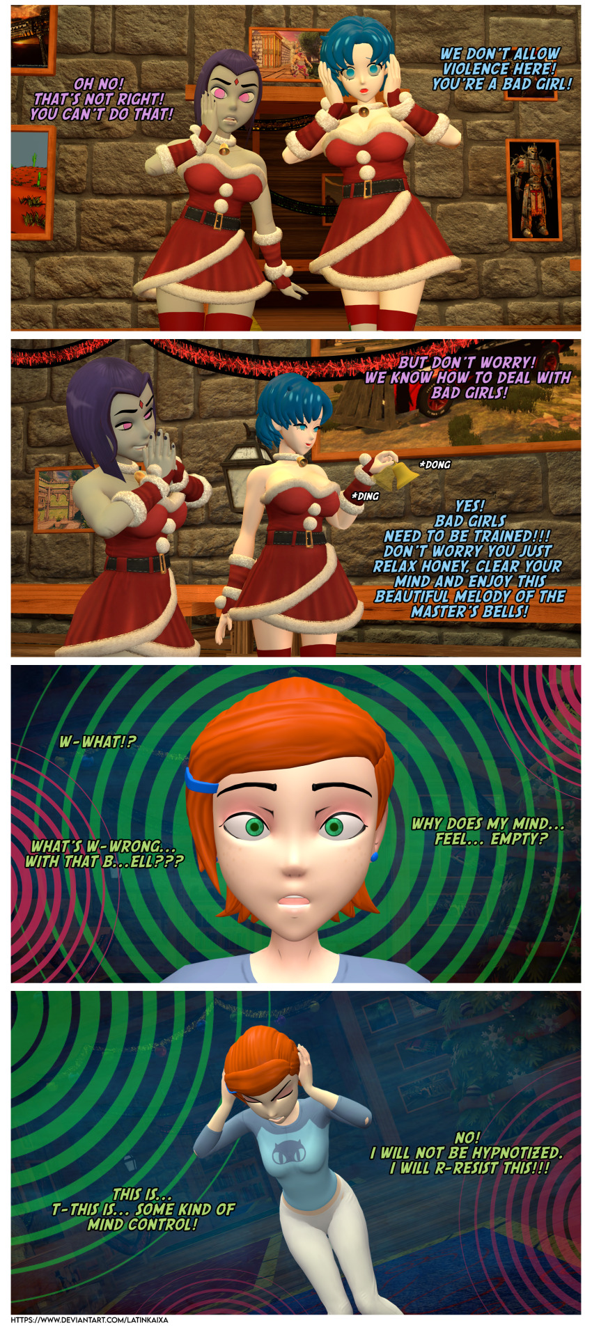 3d bare_shoulders bell ben_10 blue_eyes blue_hair choker christmas comic crossover dc_comics empty_eyes femsub green_eyes gwen_tennyson latinkaixa maledom orange_hair pink_eyes purple_hair raven resisting sailor_mercury sailor_moon_(series) santa_costume short_hair short_skirt spiral spiral_background story teen_titans thighhighs western