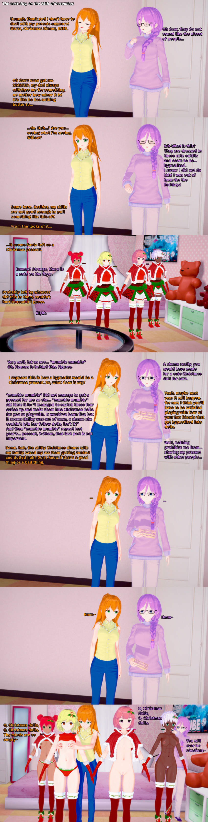 3d absurdres amber_(liz_b) blonde_hair blue_eyes bottomless christmas cyan_eyes dark_skin dialogue dollification empty_eyes english_text exposed_chest expressionless female_only femdom femsub freckles gloves green_eyes hailey_(liz_b) hair_buns human_furniture julie_(liz_b) koikatsu! lipstick liz_(liz_b) liz_b multiple_girls multiple_subs nail_polish orange_eyes orange_hair original pink_eyes pink_hair purple_hair red_hair tan_skin text undressing veronica_(liz_b) white_hair willow_(liz_b)