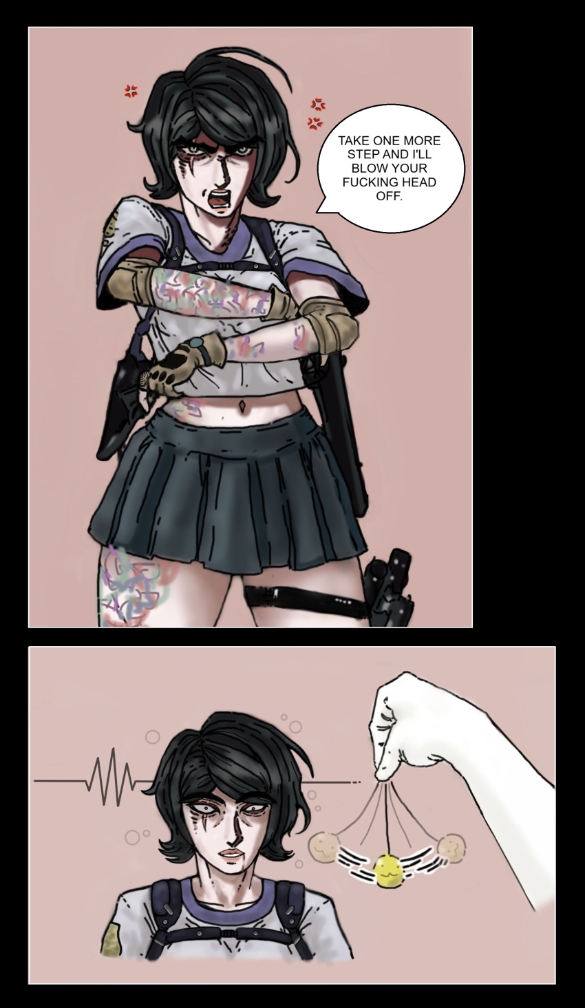 ahoge black_hair coin confused dazed gun midriff pale_skin pendulum shrunken_irises skirt thick_thighs windomearle